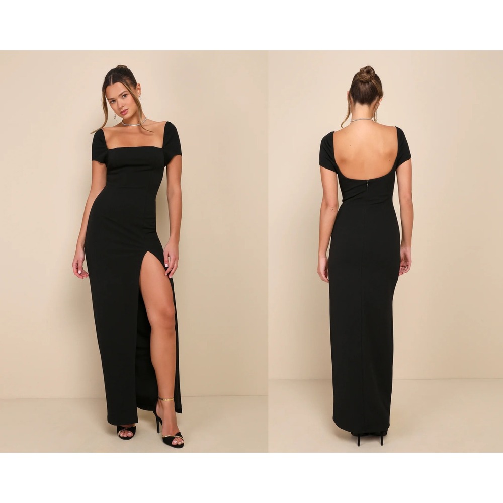 Lulus Magnificent‎ Impression Black Square Neck Short Sleeve Maxi Dress Large